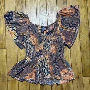 Angie Womens L Boho Paisley Patchwork Peplum Top V-Neck Flutter Sleeve Cotton